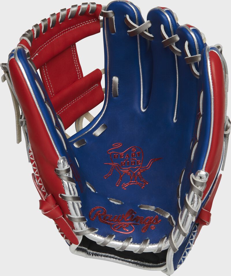 Palm back view of royal, scarlet, and platinum 2021 Exclusive Heart of the Hide R2G infield glove