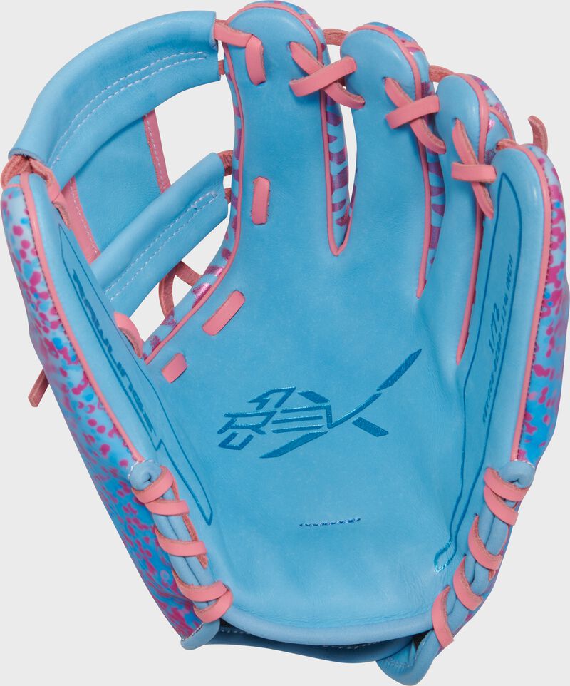 Columbia blue palm of a Rawlings exclusive REV1X 11.75" infield glove with pink laces