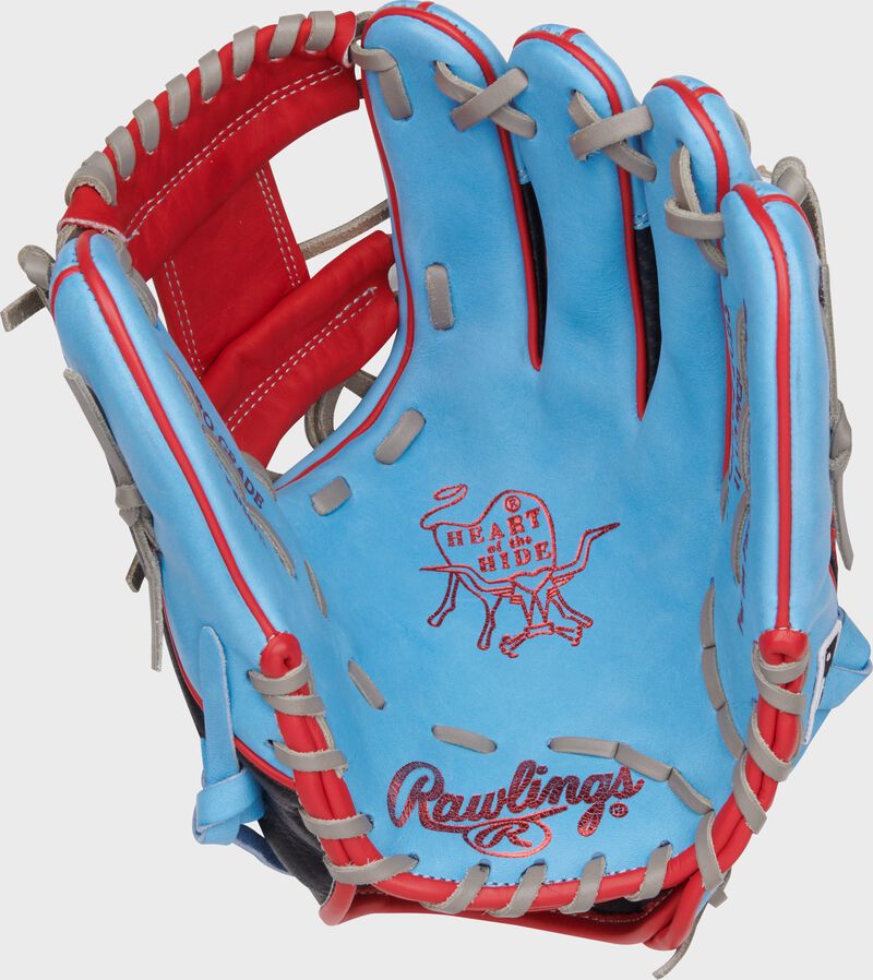 Columbia blue palm of a Rawlings Heart of the Hide Hyper Shell glove with red stamping and gray laces
