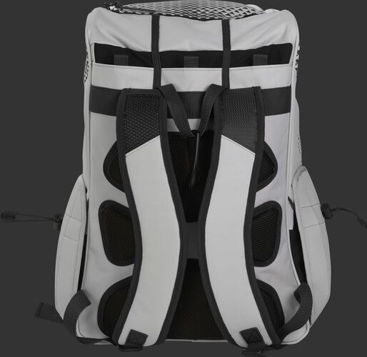 Back of a white/black R800 Rawlings fastpitch backpack with black back padding and white shoulder straps