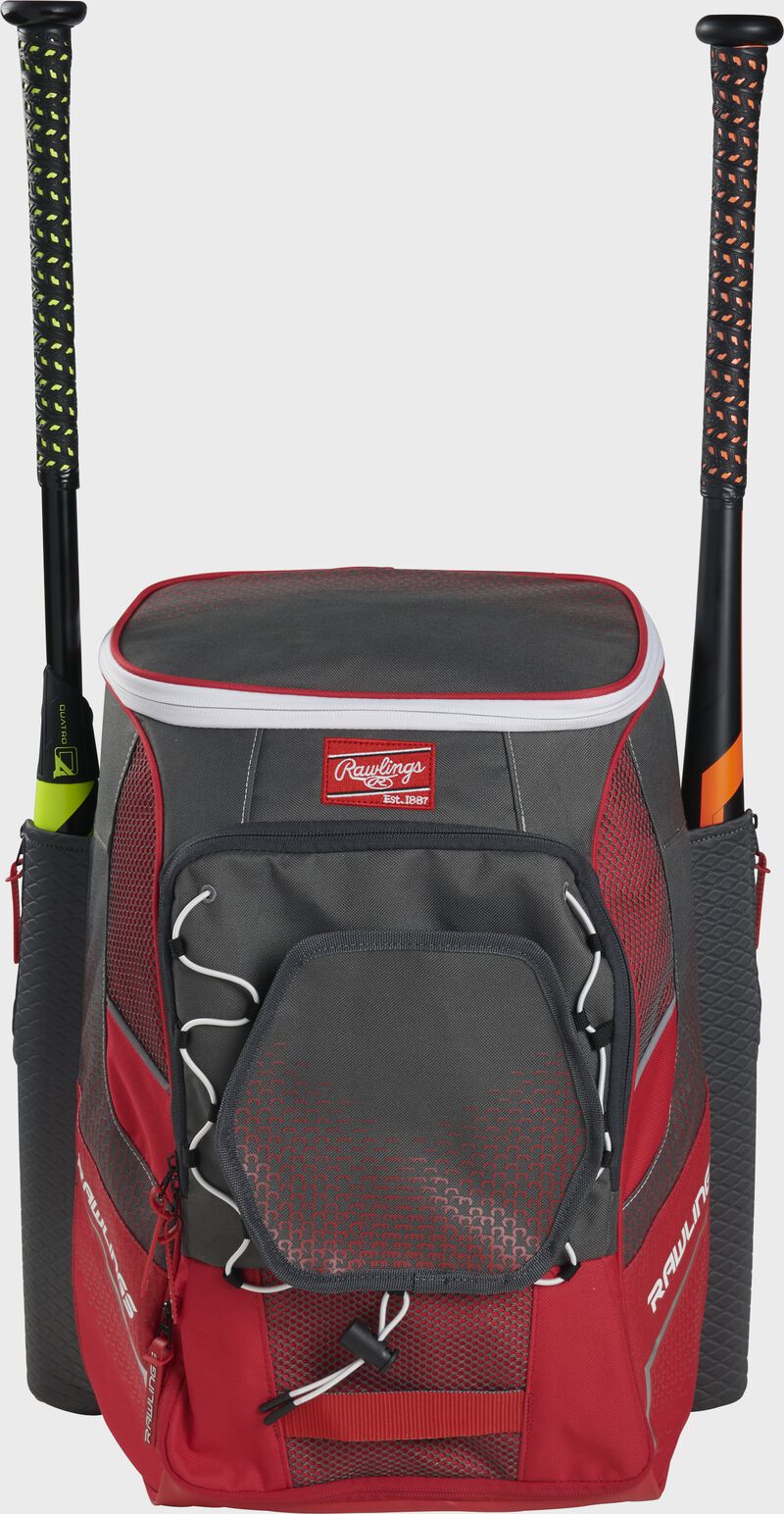 Front of a scarlet Rawlings Impulse bag with a red Rawlings patch and two bats in the sides - SKU: IMPLSE-S