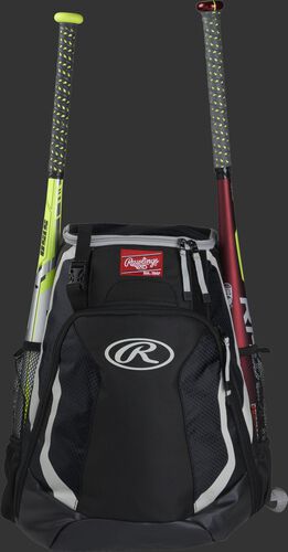 A black R500 Rawlings equipment backpack with a bat on each side