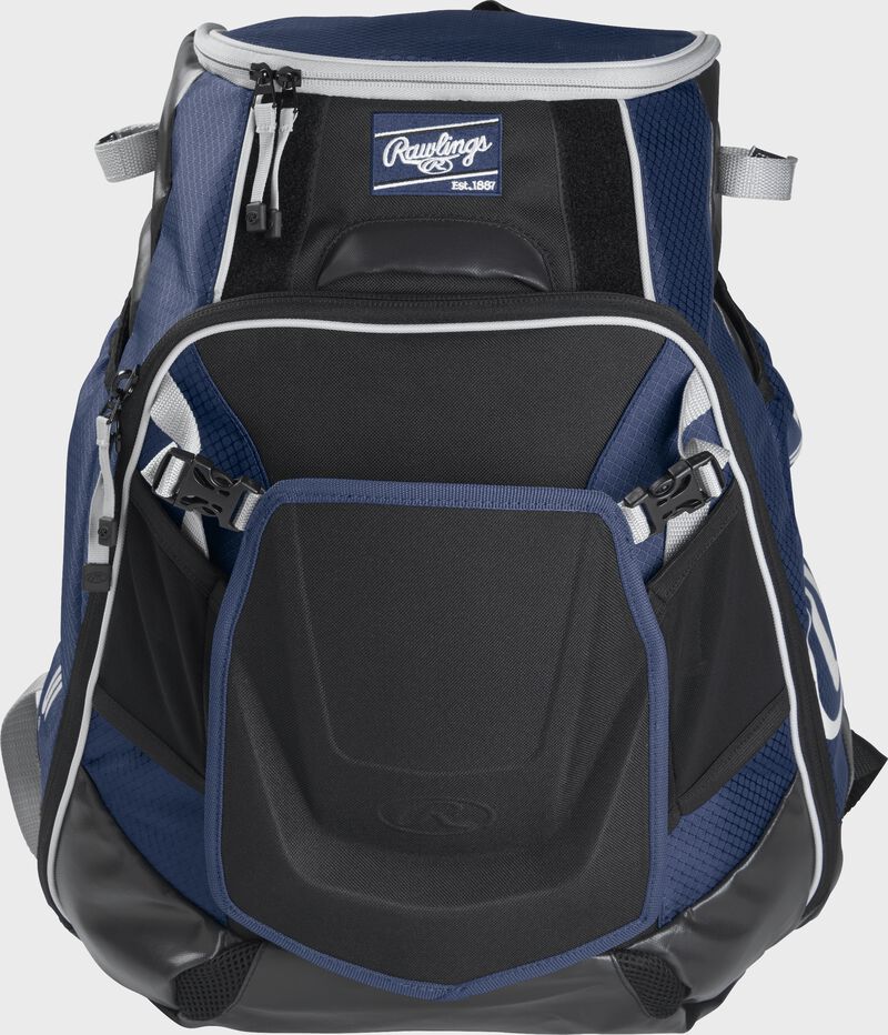 Front of a navy VELOBK Velo backpack with navy trim and a navy Rawlings patch