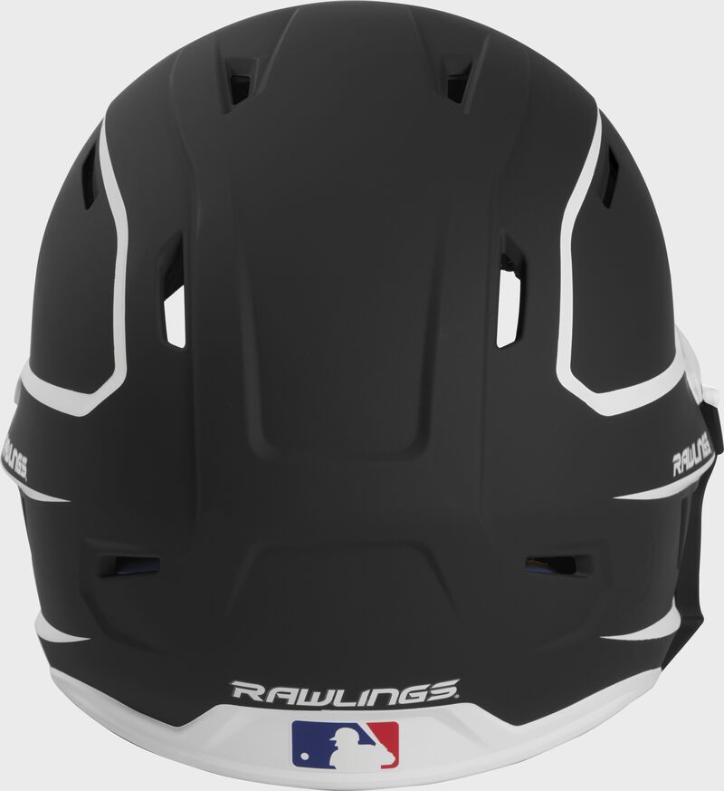 Back of a MACHEXTR high performance junior MACH helmet with a matte black/white shell and Official Batting Helmet of MLB logo