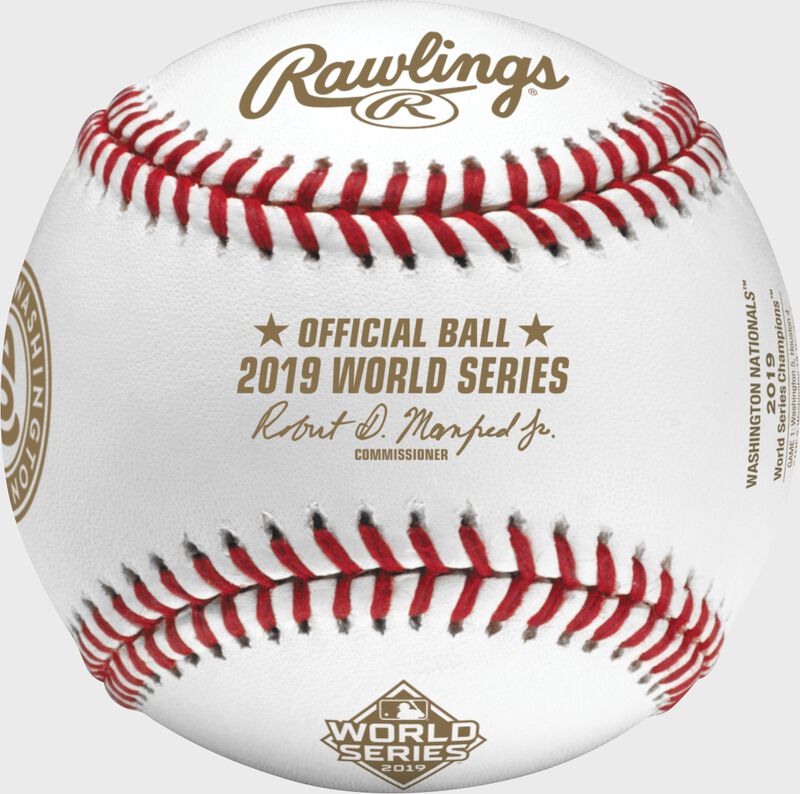 The official ball stamp on a WSBB19CHMP 2019 Washington Nationals World Series Champions baseball