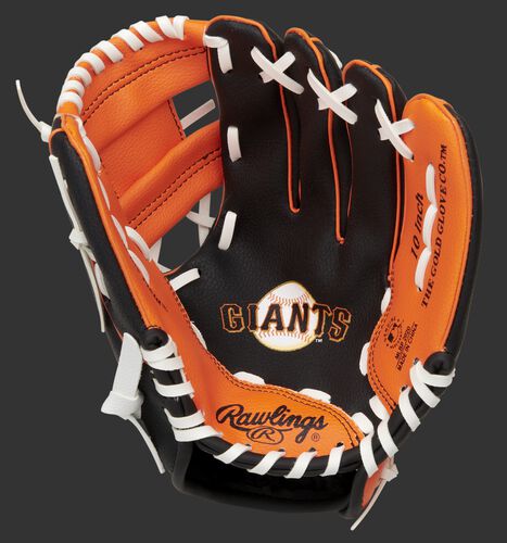 A black/orange Rawlings San Francisco Giants youth glove with a Giants logo stamped in the palm - SKU: 22000013111