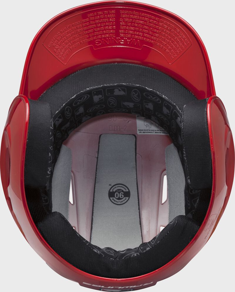 Inside padding of a scarlet S90PA high school/college RPR batting helmet