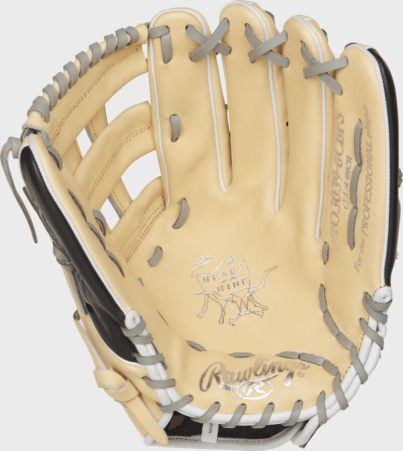 Palm view of a camel PRO3039-6BCFS Rawlings 12.75-inch finger shift outfield glove with grey laces