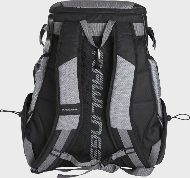 Back of a R1000 Rawlings Gold Glove Series equipment backpack with gray shoulder straps 