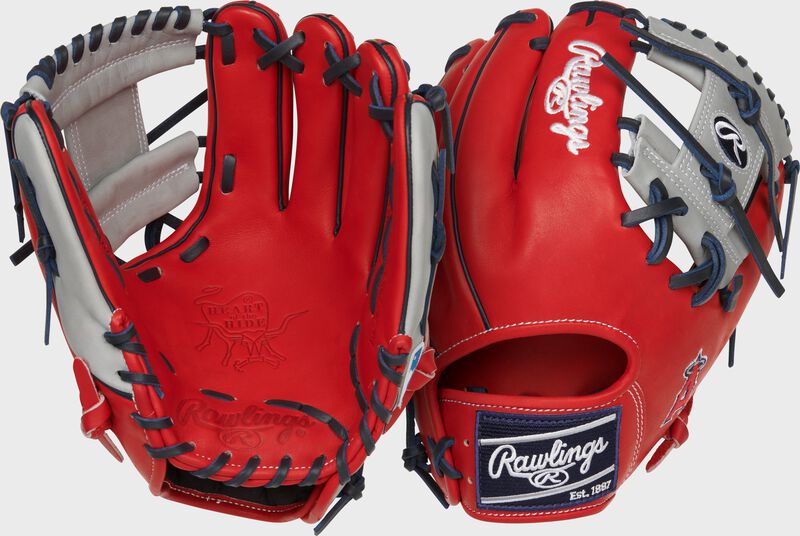 Two images showing the palm & back of a scarlet Los Angeles Angels Heart of the Hide glove