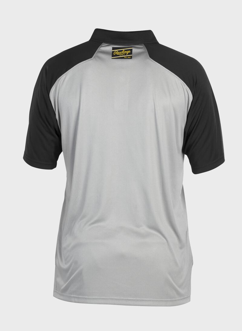 Back of a gray ColorSync polo with black sleeves and a black/gold Rawlings patch on the back neckline - SKU: CSP-BG/B