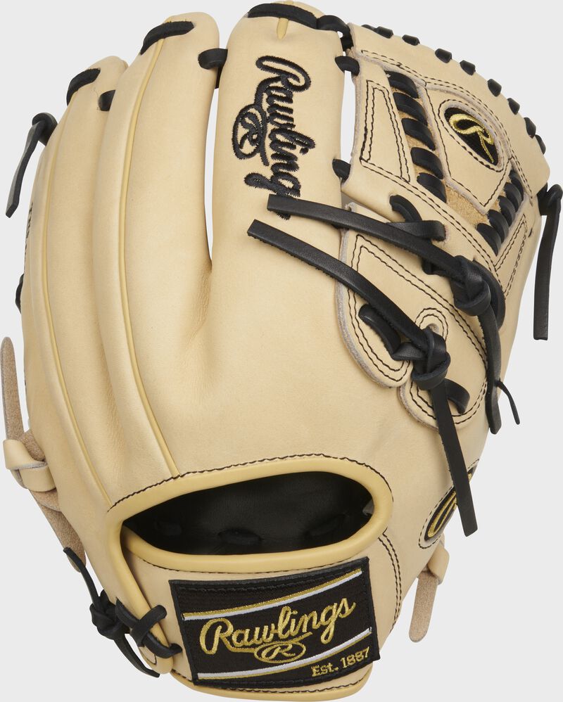 Back of a camel 11.75" Heart of the Hide R2G infield/pitcher's web glove with a black Rawlings patch - SKU: PROR205-30C