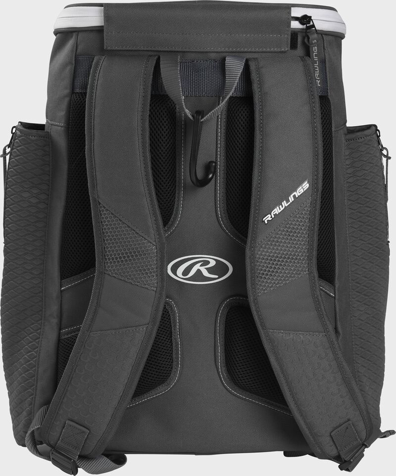 Back of a graphite Rawlings Impulse baseball backpack with gray shoulder straps - SKU: IMPLSE-GR