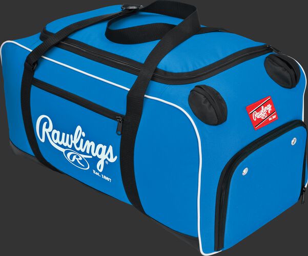 A royal COVERT duffel bag with black trim, zippers and straps