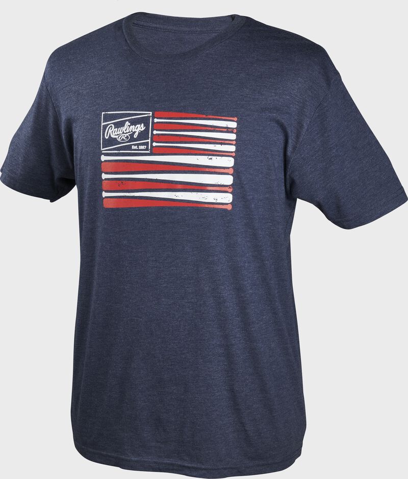 A navy Rawlings bat flag short sleeve shirt with an American flag themed logo printed on the chest - SKU: FLM3