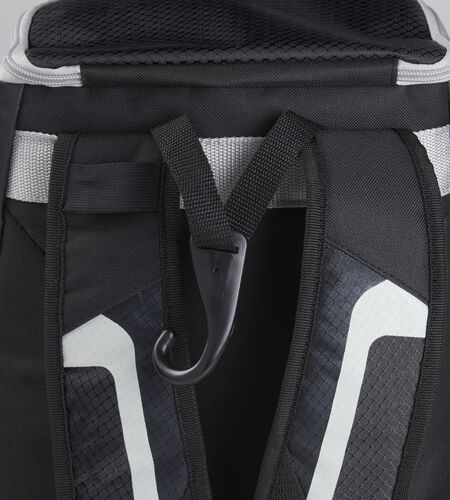Exterior handle on the back of a black R500 backpack with a hook for hanging it up