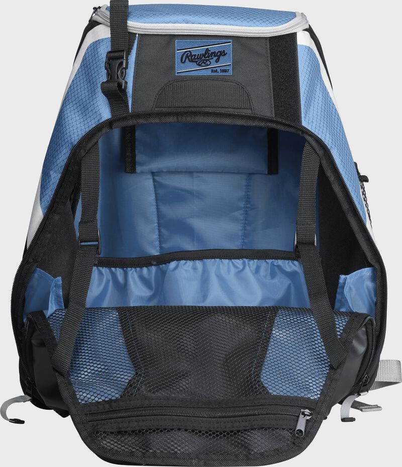 An open R500 Rawlings Players equipment backpack with columbia blue interior