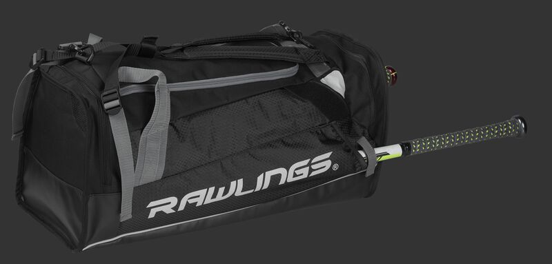 Side angle view of a black R601 Rawlings Hybrid backpack/duffel bag with a bat in the side compartment