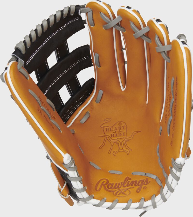 Tan palm of a Rawlings Heart of the Hide Hyper Shell glove with gray laces - SKU: PRO3319-6TBCF