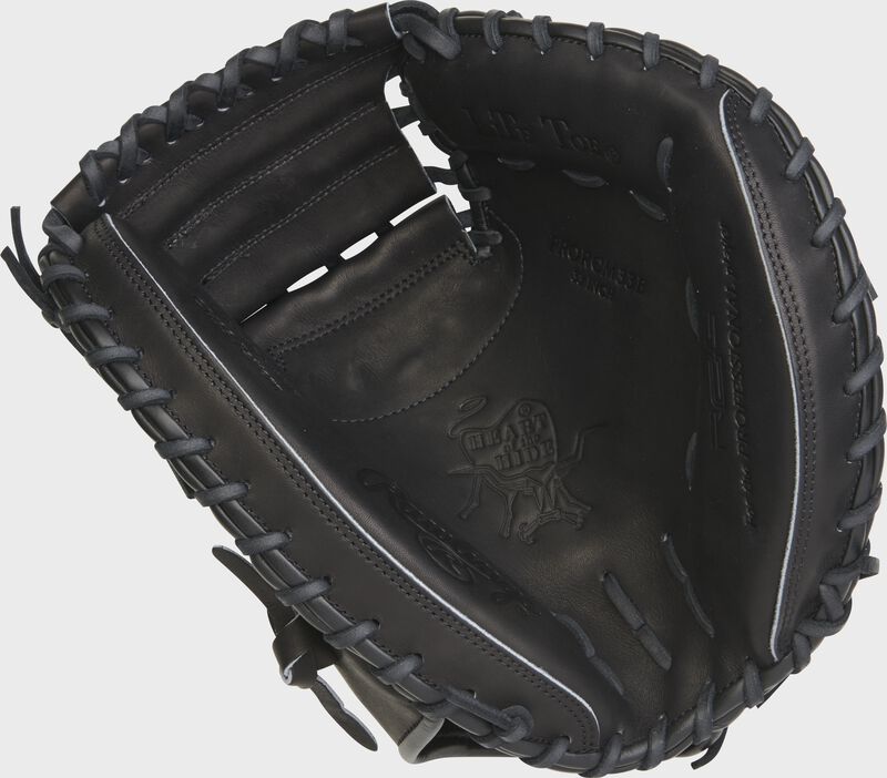 black palm of a Rawlings Heart of the Hide R2G catcher's mitt with black laces - SKU: RSGPRORCM33B loading=