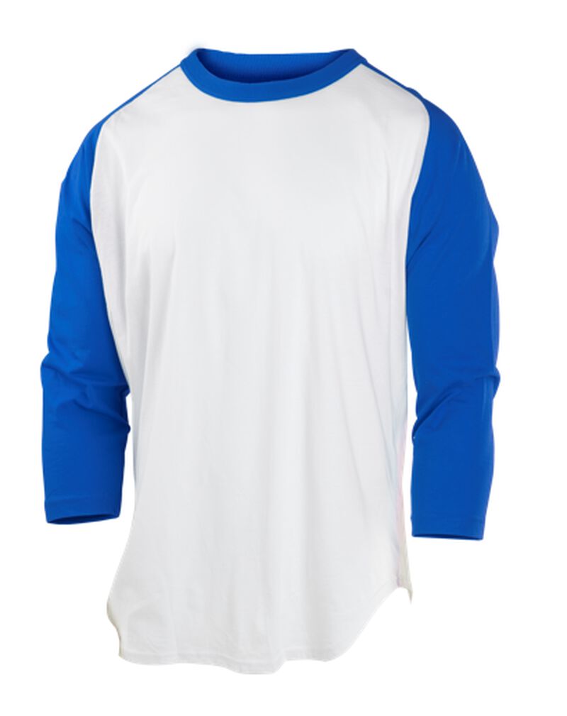 A white Rawlings youth 3/4 sleeve baseball shirt with royal sleeves - SKU: ACABC34-R