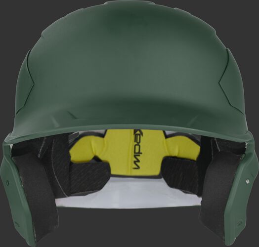 Front of a CAR07A dark green Rawlings high school/college MACH Carbon helmet