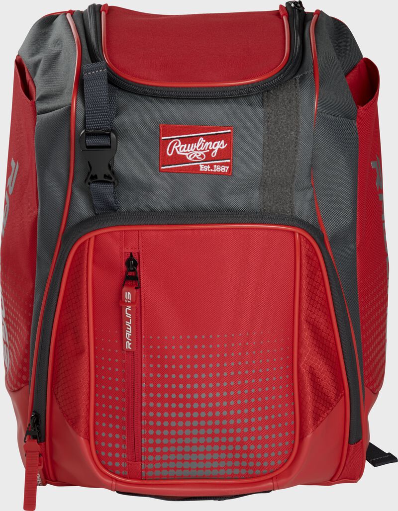 Front of a scarlet Franchise baseball backpack with gray accents and a scarlet Rawlings patch - SKU: FRANBP-S