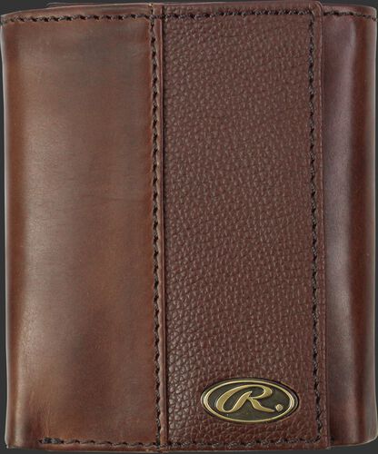 A brown RW80003-200 Bases loaded tri-fold wallet folded closed with a silver Oval R emblem in the bottom right corner