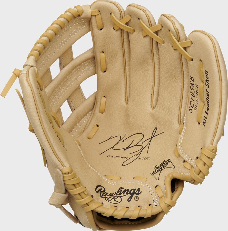 Palm of a camel Rawlings Sure Catch youth glove with Kris Bryant's signature in the palm - SKU: SC105KB