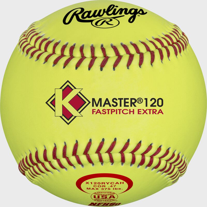 A yellow X120RYCAH K-Master Official 12-inch softball with red stitching