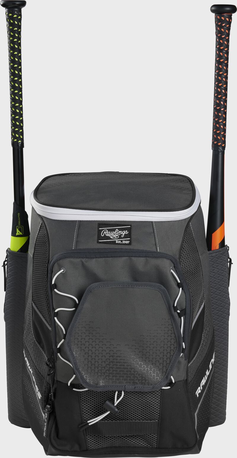 Front of a black Rawlings Impulse bag with a black Rawlings patch and two bats in the sides - SKU: IMPLSE-B