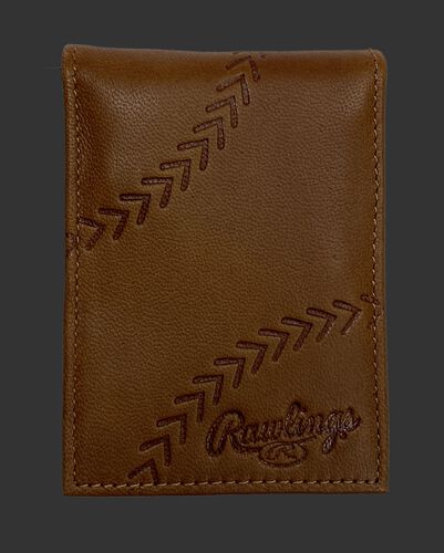 A tan debossed stitch front pocket wallet with a baseball stitch design and Rawlings logo in the bottom right - SKU: PRW009-204
