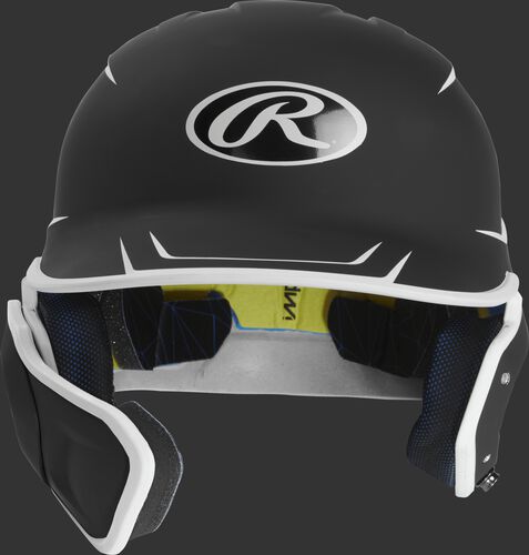 Front of a matte black/white MACHEXTR junior size Mach batting helmet with face guard extension for left hand batters