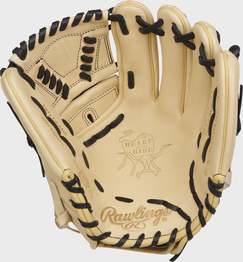 Camel palm of a Rawlings Heart of the Hide R2G infield/pitcher's glove with black laces - SKU: PROR205-30C