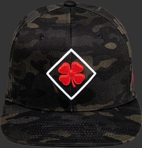 Front of a Rawlings Black Clover Diamond MultiCam hat with a red logo on the front - SKU: BCR1DM0071