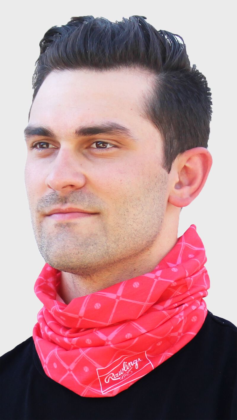 A guy wearing a red adult multi-functional neck gaiter around his neck - SKU: RC40005-600