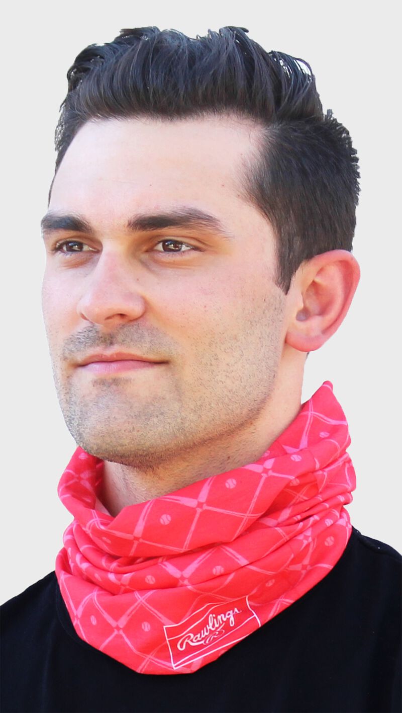 A guy wearing a red adult multi-functional neck gaiter around his neck - SKU: RC40005-600 loading=