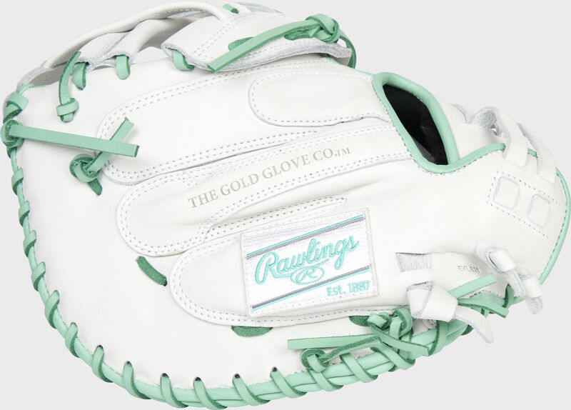 Back of a white/mint 34-Inch Liberty Advanced Color Series catcher's mitt with a white/mint Rawlings patch - SKU: RLACM34FPWM