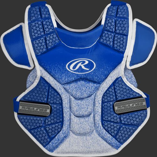 A royal/white SBCPVI Velo intermediate softball chest protector