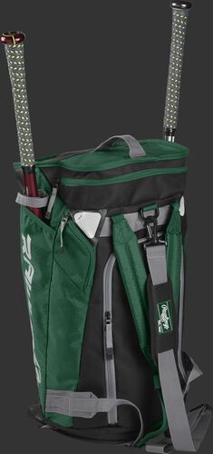 Right angle of a dark green R601 Hybrid players duffel bag standing up with two bats