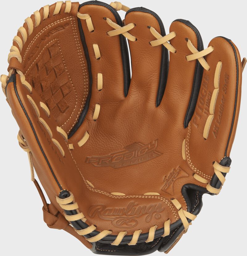 P110GBB Rawlings Prodigy youth baseball glove with a golden brown palm, camel laces and Sure Catch design