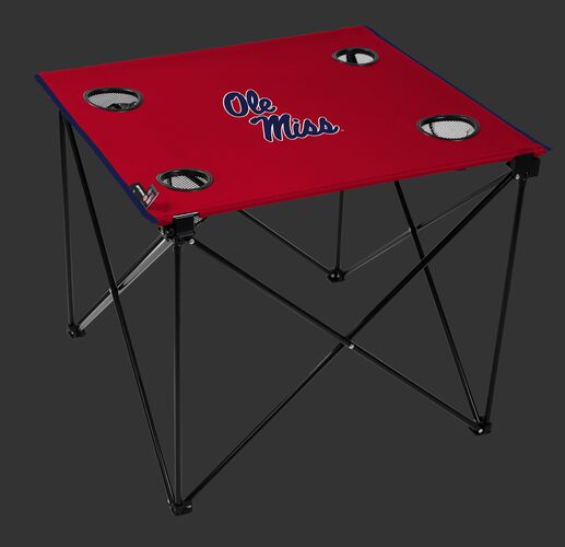 A red NCAA Ole Miss Rebels deluxe tailgate table with four cup holders and team logo printed in the middle SKU #00713087111