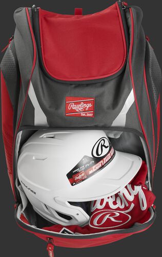 A scarlet Legion backpack with a helmet and other gear in the main compartment - SKU: LEGION-S
