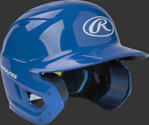 Right angle view of a matte MACH Junior batting helmet with a royal shell