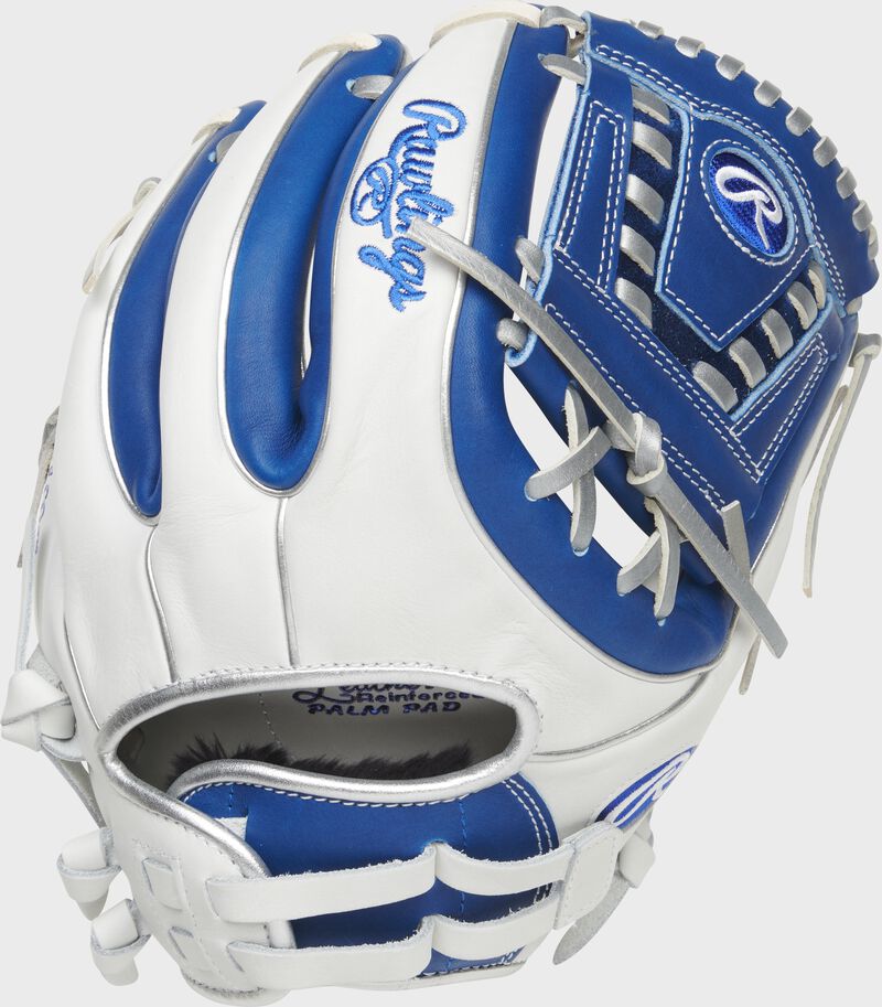 Back of a white/royal Liberty Advanced Color Series 11.75-Inch glove with a pull strap back - SKU: RLA715SB-31WRP