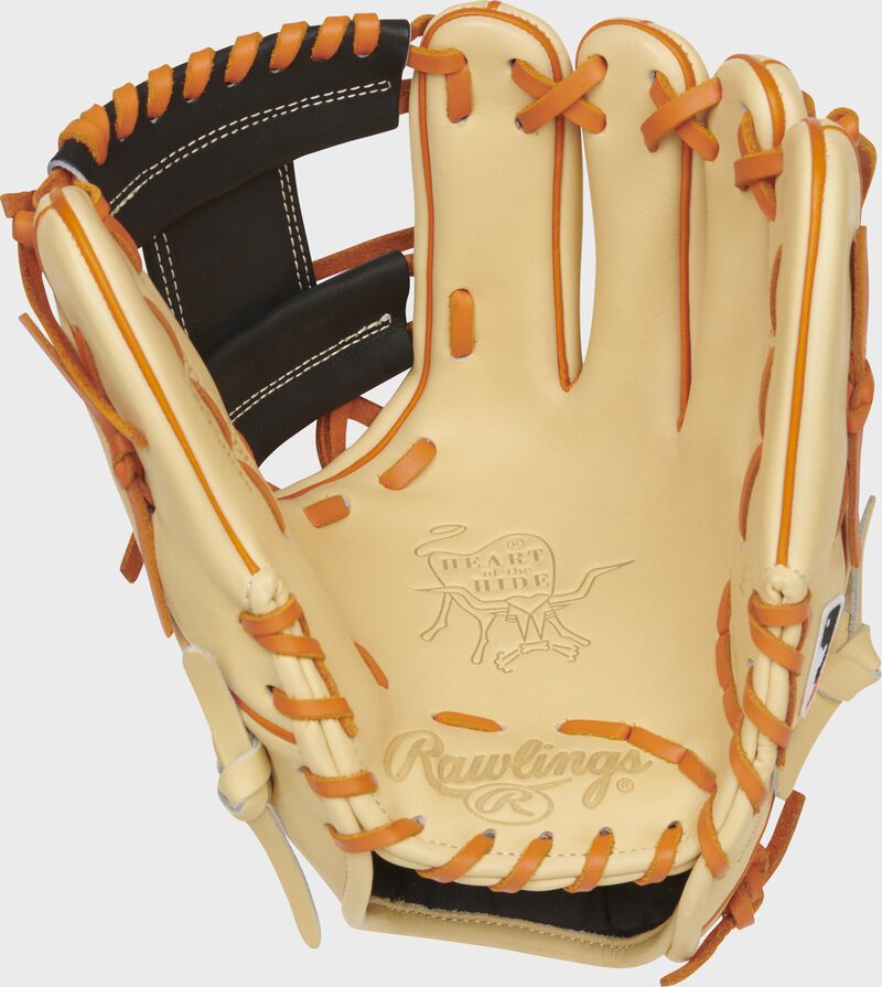 Camel palm of a Rawlings Baltimore Orioles glove with orange laces - SKU: RSGPRO204-2BAL