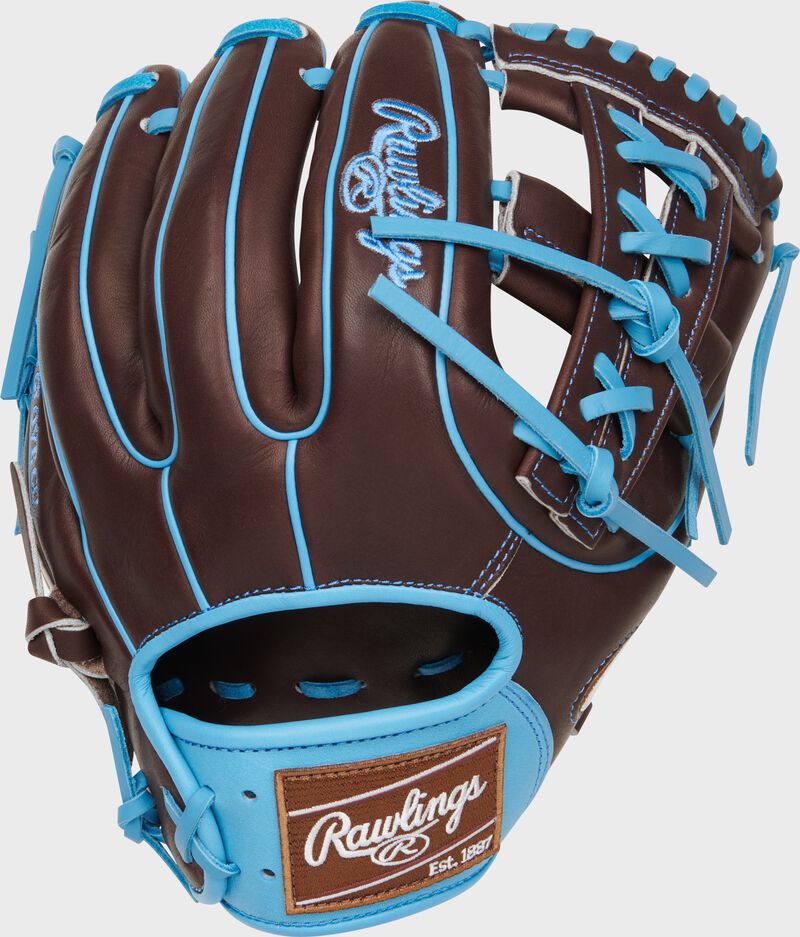 Chocolate brown back of a Heart of the Hide R2G 11.5" split laced single post web glove with a brown Rawlings patch - SKU: RPROR314-32CH