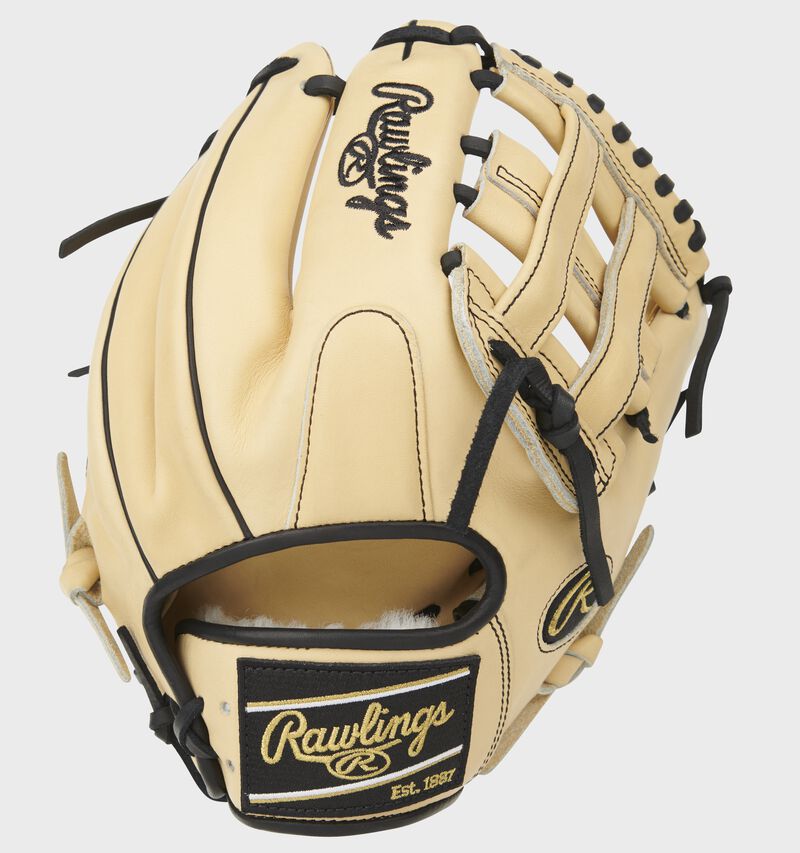 Camel back of a Pro Preferred H-web infield glove with a black Rawlings patch - SKU: PROS205-6CB