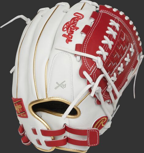 RLA125-18S white/scarlet 12.5-inch Liberty Advanced outfield/pitcher's glove with gold binding/welting and pull-strap back