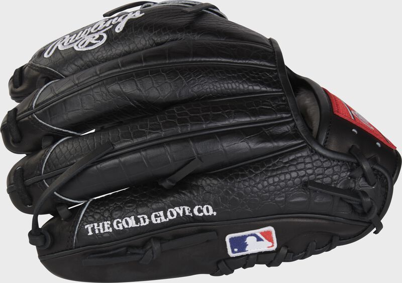 Black croc embossed back of a Pro Preferred Jacob deGrom infield/pitcher's glove with the MLB logo on the pinky - SKU: PROSJD48